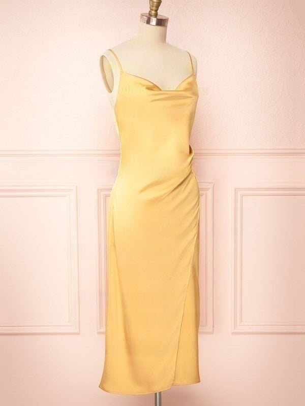 Silk-like Satin Sheath/Column Cowl Neck Tea-length Split Front Bridesmaid Dresses