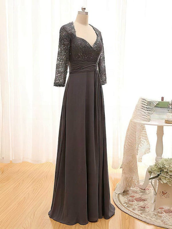 Unique Gray Mother of the Bride Dress with Beaded V-neck Lace Chiffon and 3/4 Sleeve