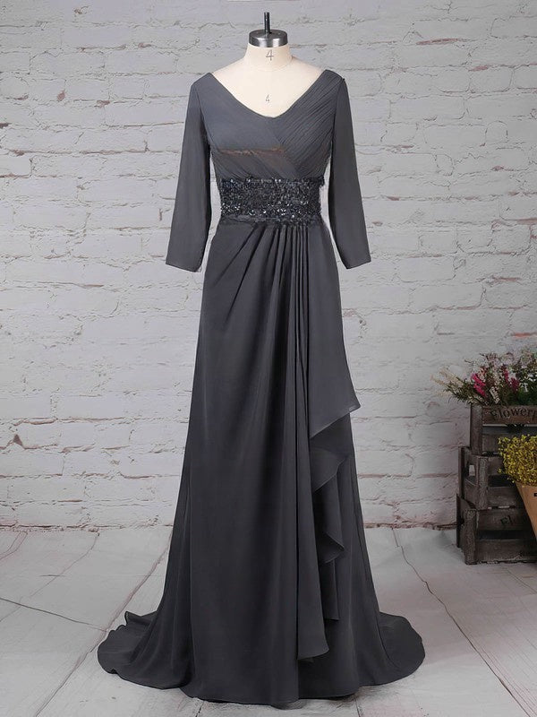 Chiffon V-neck A-line Sweep Train Beading Mother of the Bride Dress