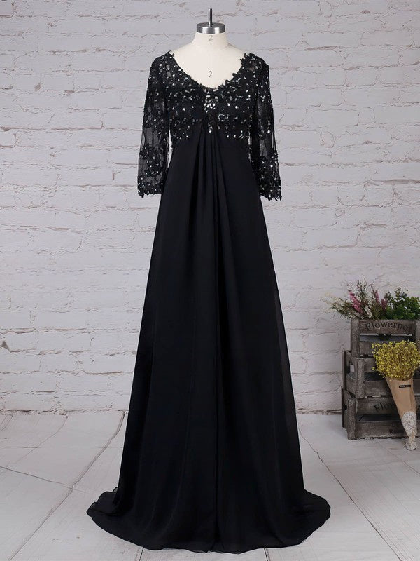 Elegant Empire V-neck Tulle Chiffon Sweep Train Beading Mother of the Bride Dress