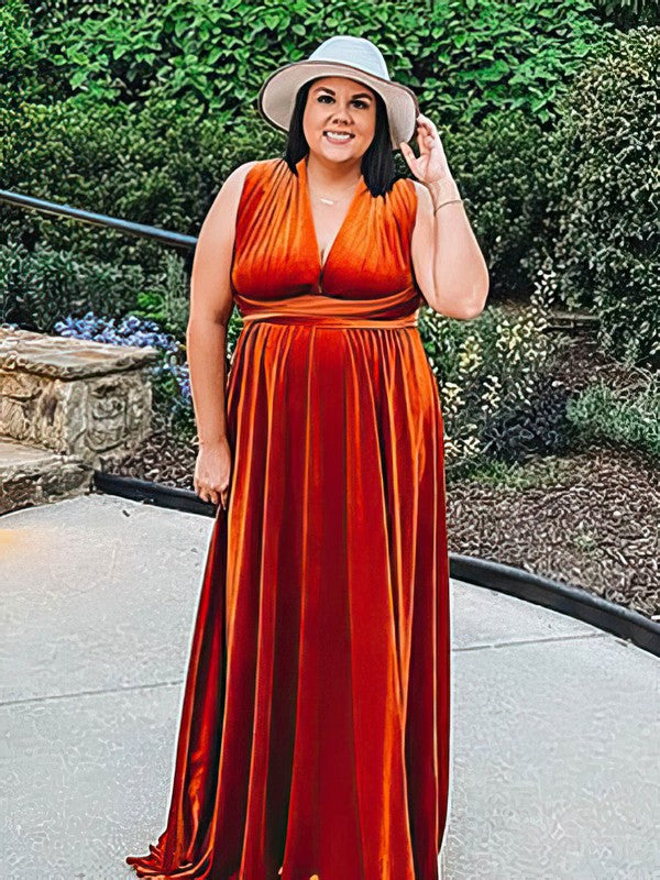 A-line V-neck Velvet Sweep Train Mother of the Bride Dresses