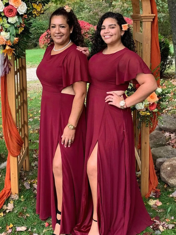 A-line Scoop Neck Chiffon Sweep Train Split Front Mother of the Bride Dresses