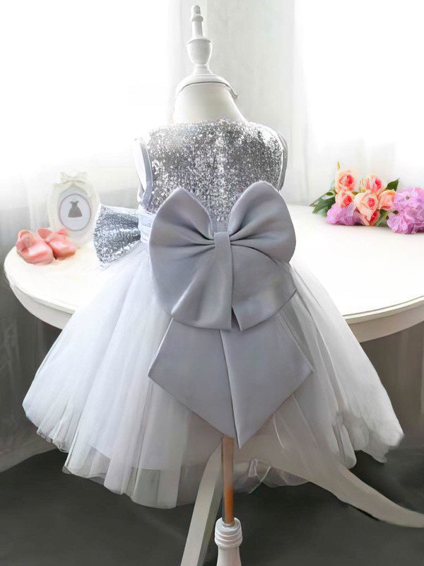 Gorgeous Ball Gown Scoop Neck Satin Tulle Sequined Tea-length Bow Flower Girl Dresses
