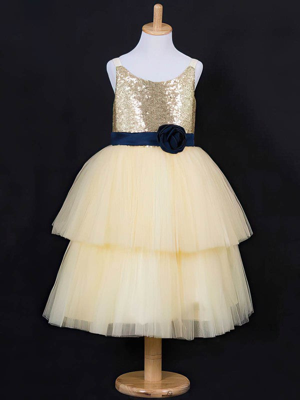 Scoop Neck Tulle Sequined Ball Gown with Sashes and Flowers for Girls