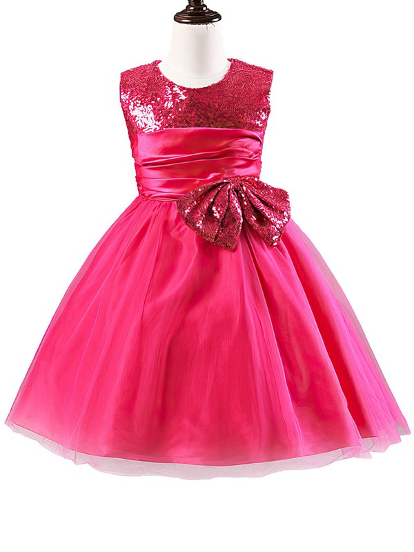 A-Line Tulle Sequined Flower Girl Dress with Bow and Scoop Neckline