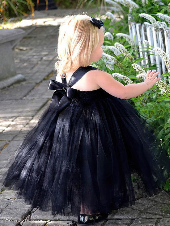 Cute Princess Square Neckline Tulle Flower(s) Black Tea-length Flower Girl Dresses