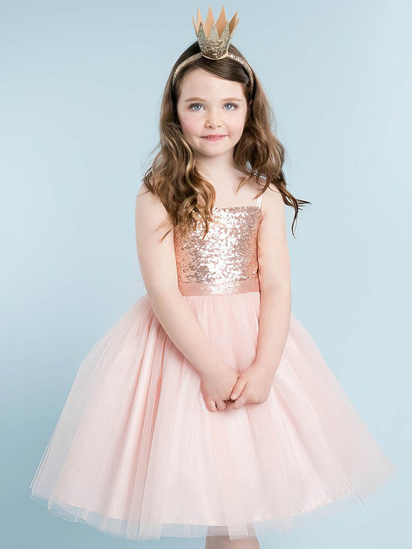 Sparkly A-Line Square Neckline Tulle Sequined Bow Knee-Length Flower Girl Dress
