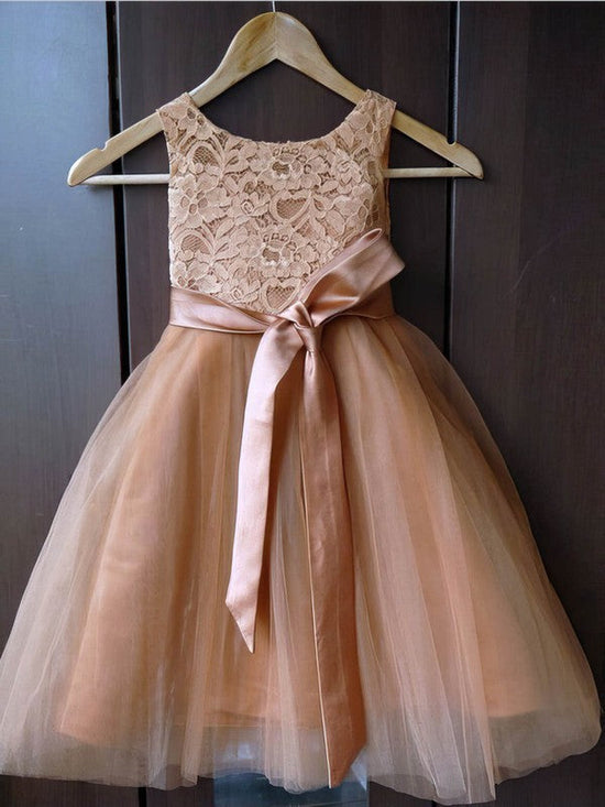 A-Line Scoop Neck Lace Tulle Sashes & Ribbons Ankle-Length Flower Girl Dresses