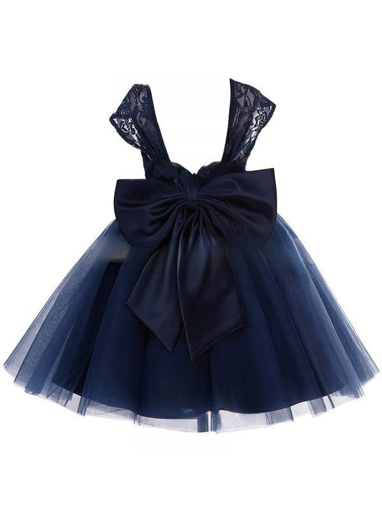 Princess Sweetheart Lace Tulle Bow Dark Navy Tea-length Cute Flower Girl Dresses