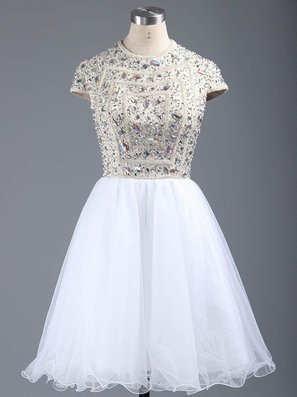 Short A-Line Scoop Neck Tulle Prom Dress with Crystal Detailing and Short Sleeves