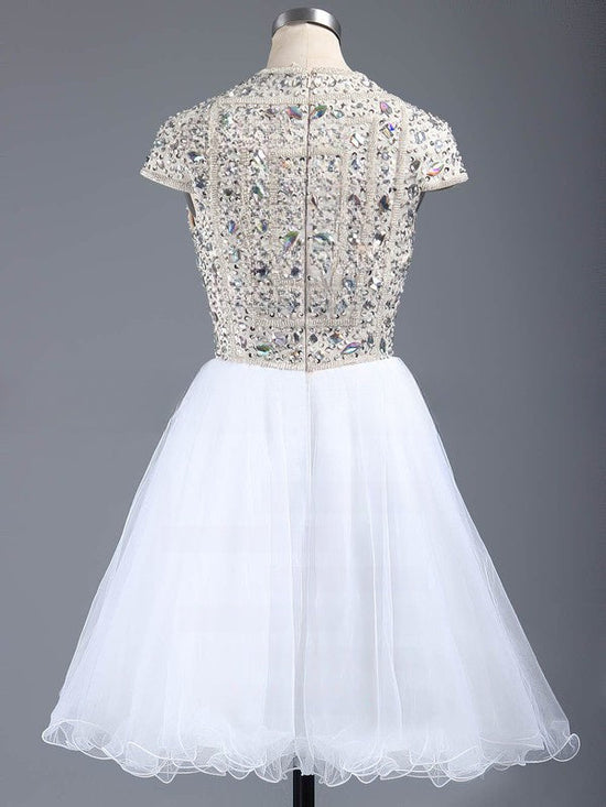Short A-Line Scoop Neck Tulle Prom Dress with Crystal Detailing and Short Sleeves