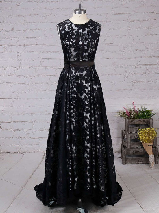 A-line Lace Prom Dress with Scoop Neck and Asymmetrical Sashes/Ribbons