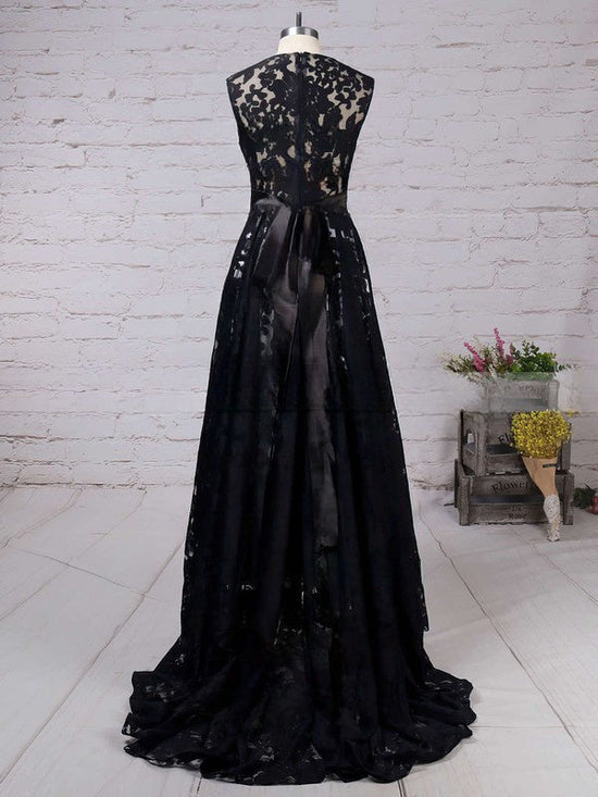 A-line Lace Prom Dress with Scoop Neck and Asymmetrical Sashes/Ribbons