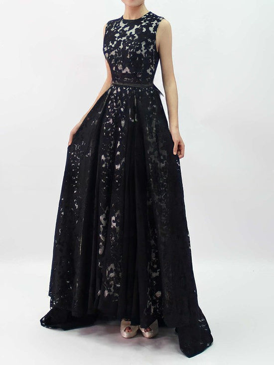 A-line Lace Prom Dress with Scoop Neck and Asymmetrical Sashes/Ribbons