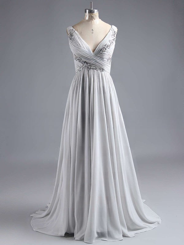 A-line V-neck Chiffon Floor-length Appliques Lace Prom Dresses