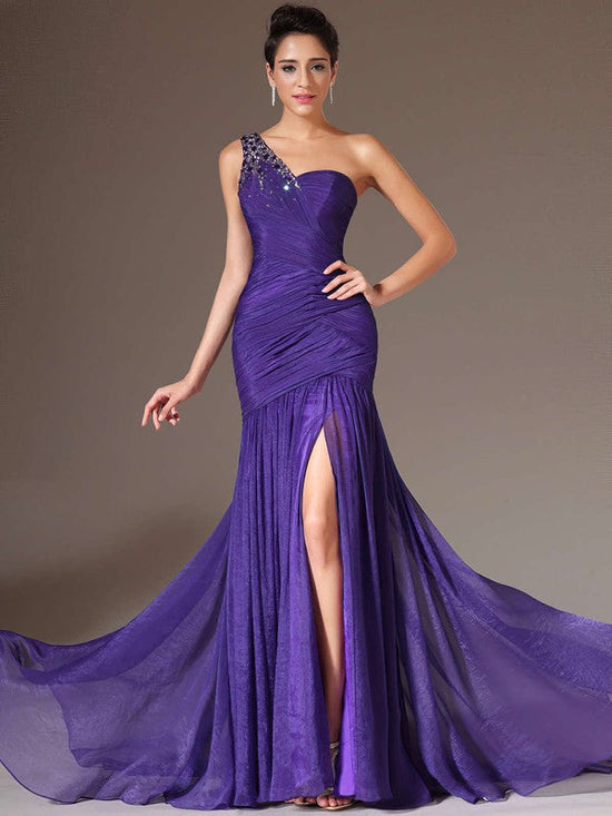 One Shoulder Chiffon Trumpet/Mermaid Prom Dress with Beading and Sweep Train