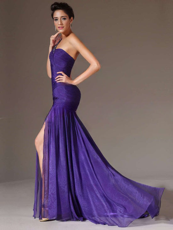 One Shoulder Chiffon Trumpet/Mermaid Prom Dress with Beading and Sweep Train