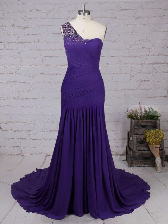 One Shoulder Chiffon Trumpet/Mermaid Prom Dress with Beading and Sweep Train