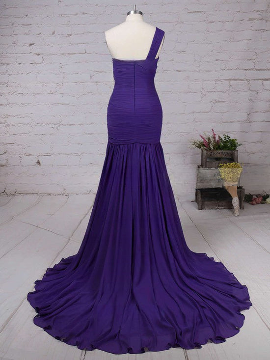 One Shoulder Chiffon Trumpet/Mermaid Prom Dress with Beading and Sweep Train