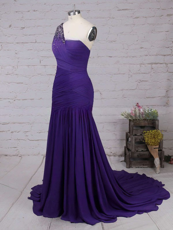 One Shoulder Chiffon Trumpet/Mermaid Prom Dress with Beading and Sweep Train