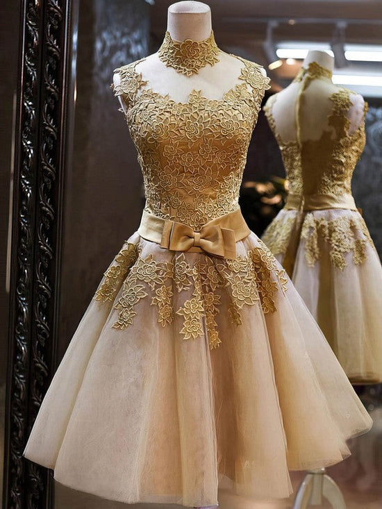 Elegant High Neck Tulle Knee-length Prom Dresses with Lace Appliques