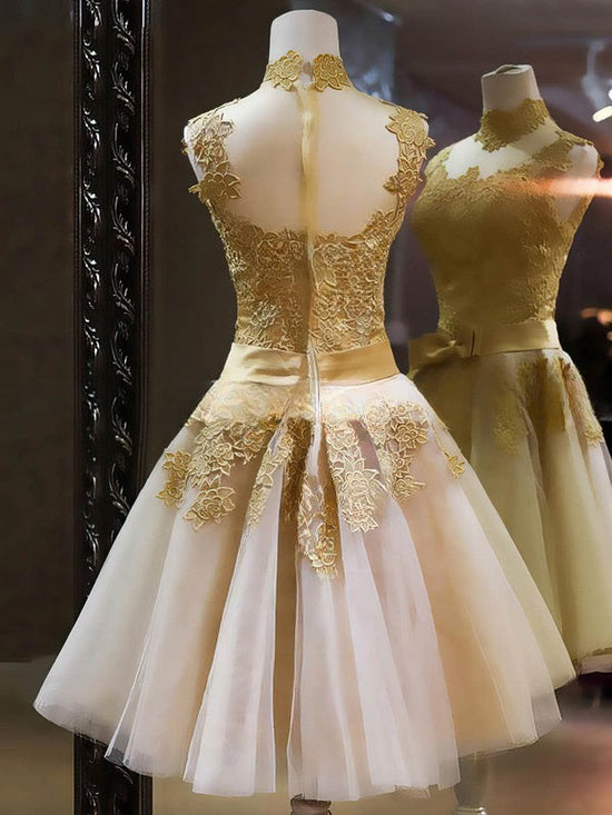 Elegant High Neck Tulle Knee-length Prom Dresses with Lace Appliques