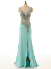 Silk Like Satin Sheath/Column V-neck Split Front Prom Dress with Sweep Train