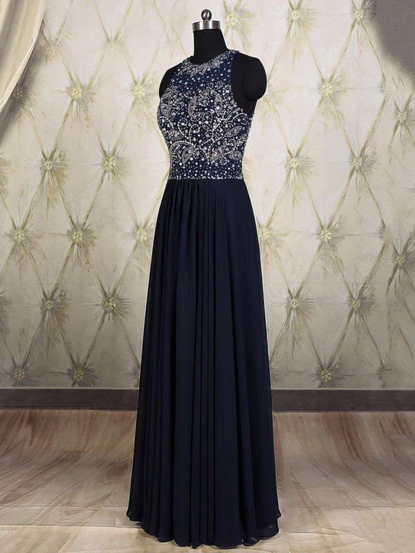 A-line Scoop Neck Chiffon Floor-length Beading Prom Dress