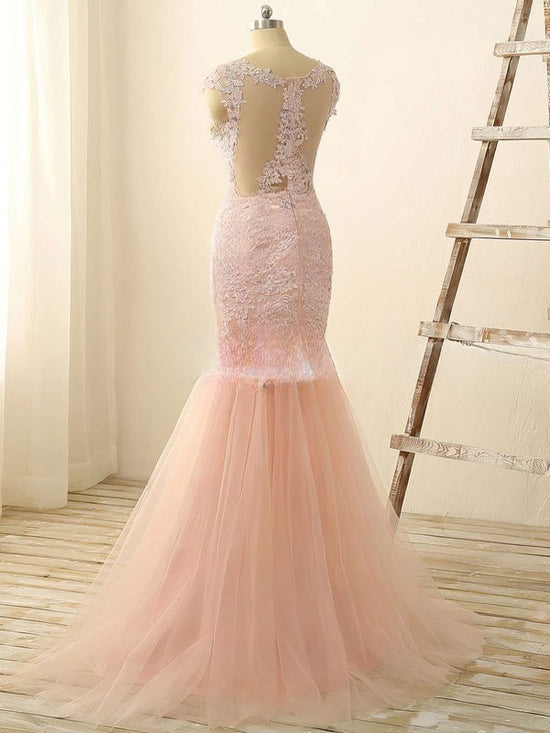 Beautiful Trumpet/Mermaid Illusion Tulle Prom Dress with Appliques and Lace