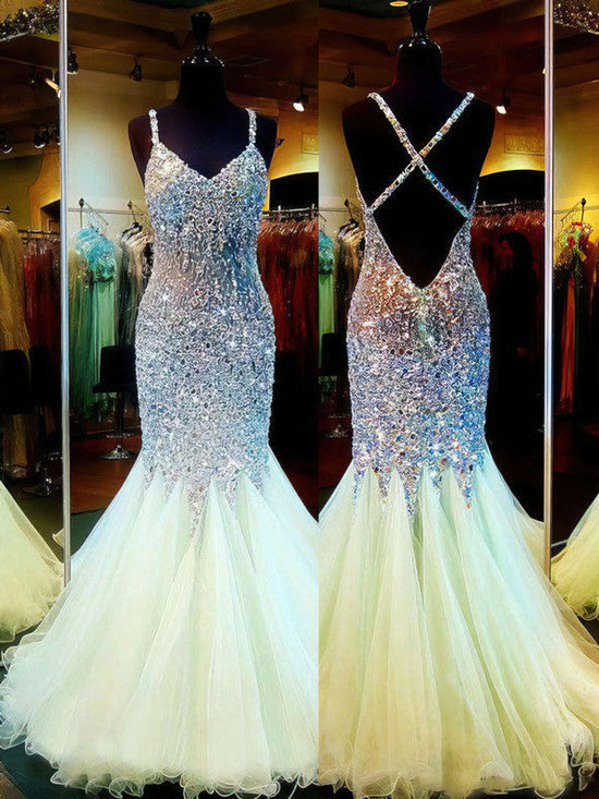 V-neck Tulle Floor-length Trumpet/Mermaid Prom Dresses with Crystal Detailing