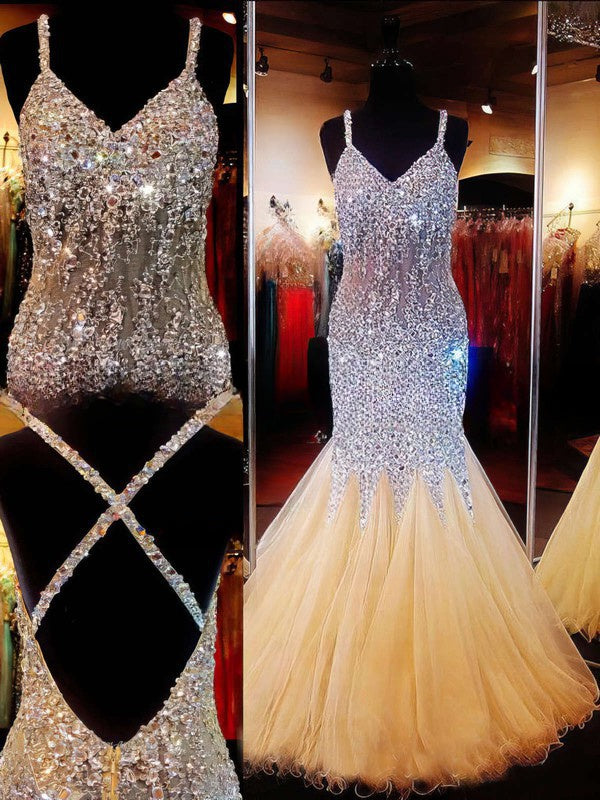 V-neck Tulle Floor-length Trumpet/Mermaid Prom Dresses with Crystal Detailing