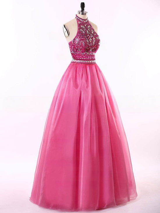 Beaded Halter Organza Ball Gown Prom Dress