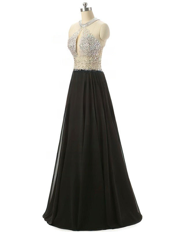 A-line Scoop Neck Chiffon Tulle Prom Dress with Crystal Detailing and Floor-length Skirt