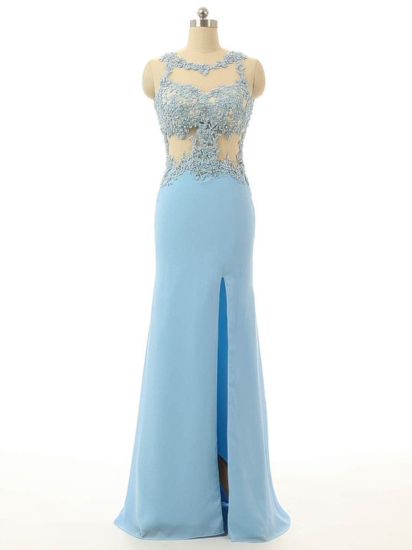 Sheath/Column Scoop Neck Chiffon Floor-length Beading Prom Dresses