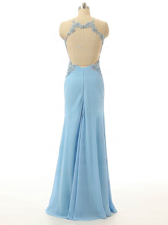 Sheath/Column Scoop Neck Chiffon Floor-length Beading Prom Dresses