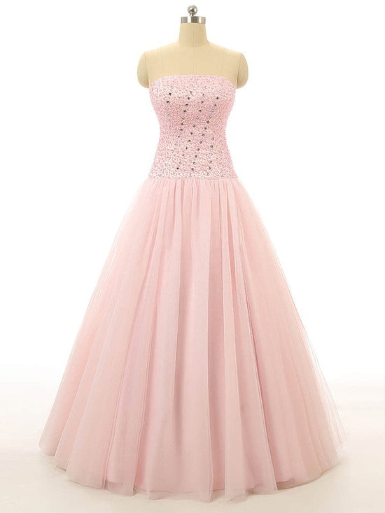 Stunning Ball Gown Strapless Tulle Floor-length Beading Prom Dresses