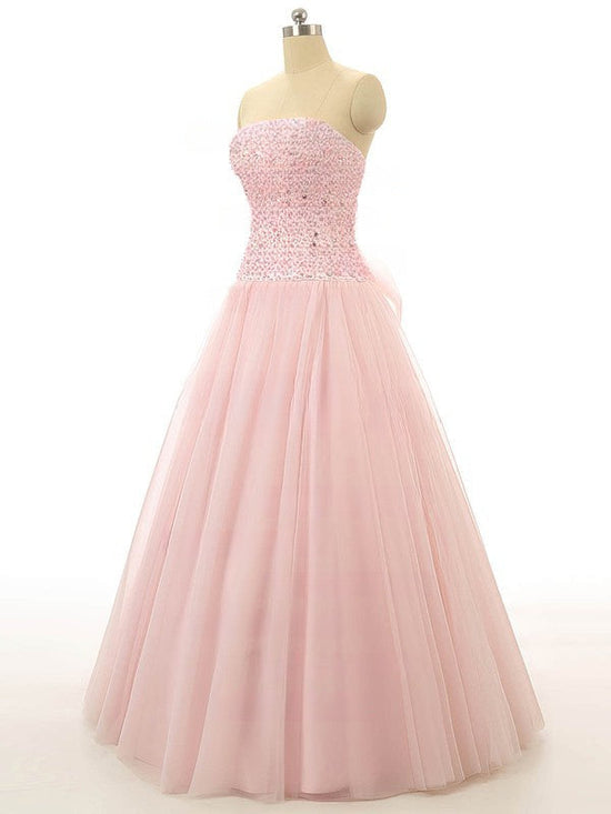 Stunning Ball Gown Strapless Tulle Floor-length Beading Prom Dresses