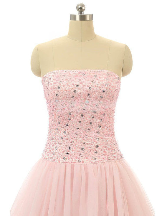 Stunning Ball Gown Strapless Tulle Floor-length Beading Prom Dresses