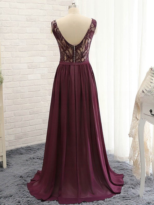 A-line V-neck Chiffon Lace Prom Dresses with Sweep Train