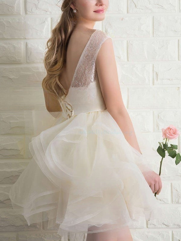 Elegant A-line Scoop Neck Lace Organza Short Prom Dress with Bow