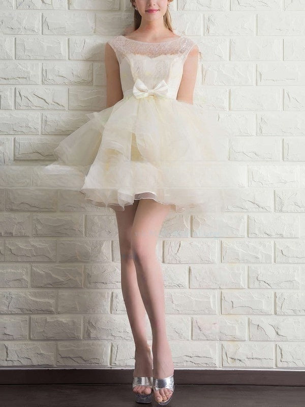 Elegant A-line Scoop Neck Lace Organza Short Prom Dress with Bow