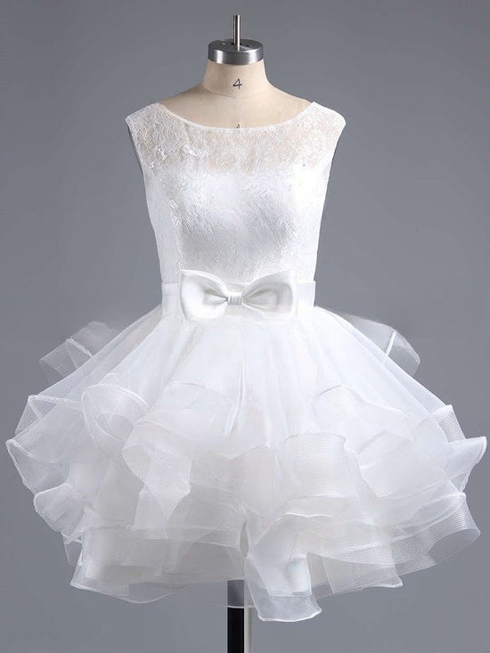 Elegant A-line Scoop Neck Lace Organza Short Prom Dress with Bow