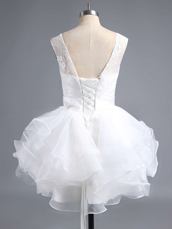 Elegant A-line Scoop Neck Lace Organza Short Prom Dress with Bow