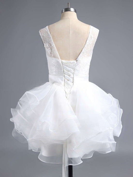 Elegant A-line Scoop Neck Lace Organza Short Prom Dress with Bow