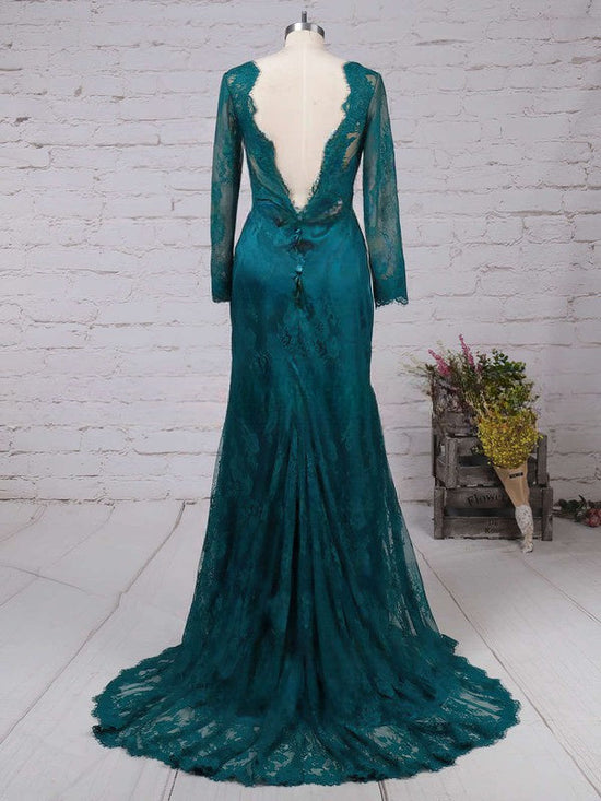 Gorgeous Trumpet/Mermaid Prom Dress with Scoop Neck, Lace, Sweep Train and Bow