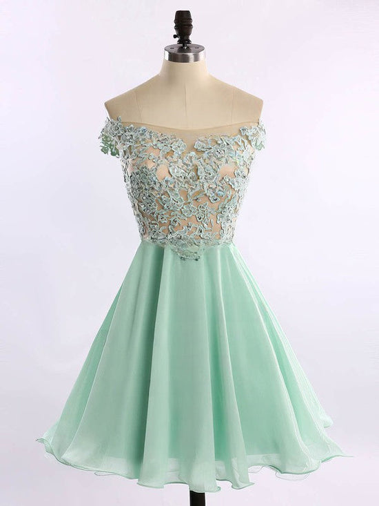 Short Prom Dresses with Off-the-shoulder, Chiffon, Tulle Appliques, and Lace