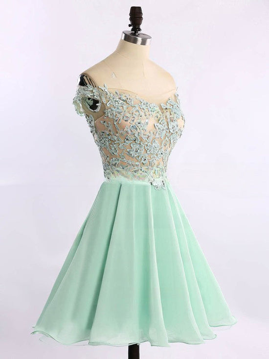 Short Prom Dresses with Off-the-shoulder, Chiffon, Tulle Appliques, and Lace