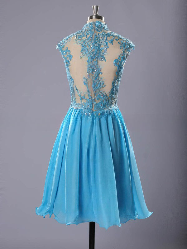 Blue Chiffon Tulle Appliques Lace Short/Mini Prom Dresses with High Neck