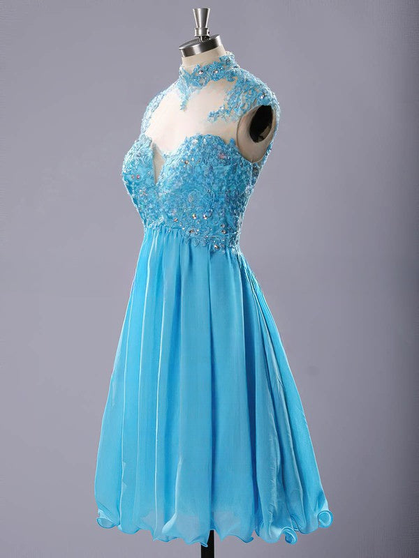 Blue Chiffon Tulle Appliques Lace Short/Mini Prom Dresses with High Neck