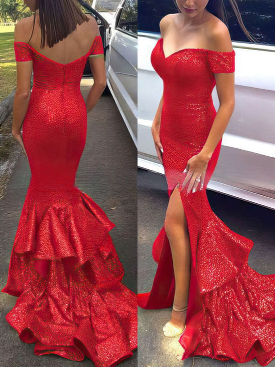 Sequined Tiered Sheath/Column Prom Dress with Off-the-shoulder Sweep Train